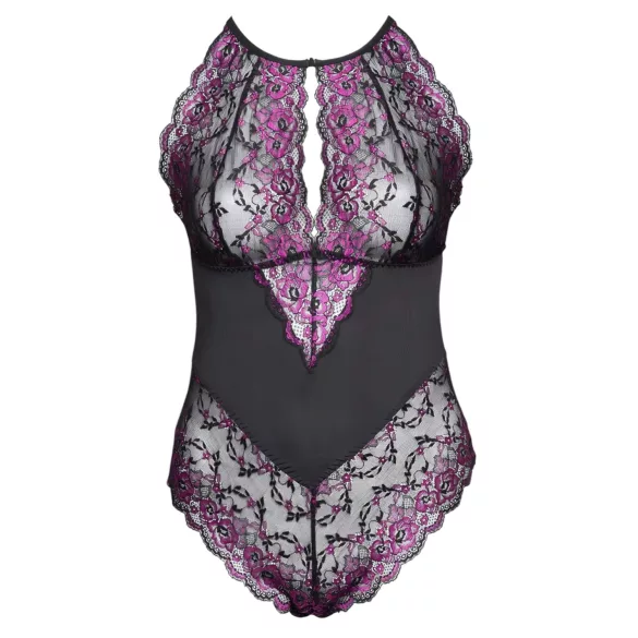 Cottelli Plus Size - krajkové body s květinovým vzorem - černá/fialová