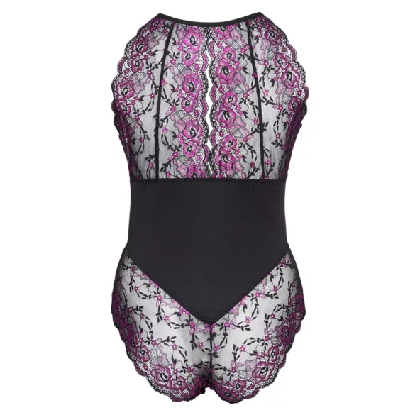 Cottelli Plus Size - krajkové body s květinovým vzorem - černá/fialová