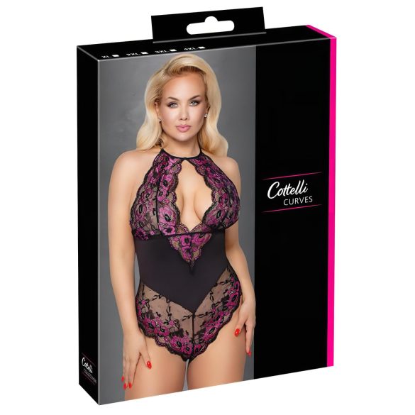 Cottelli Plus Size - krajkové body s květinovým vzorem - černá/fialová - 3XL