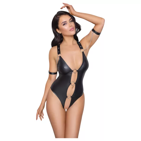 Cottelli Bondage - lesklé otevřené body s kroužky - černé - L