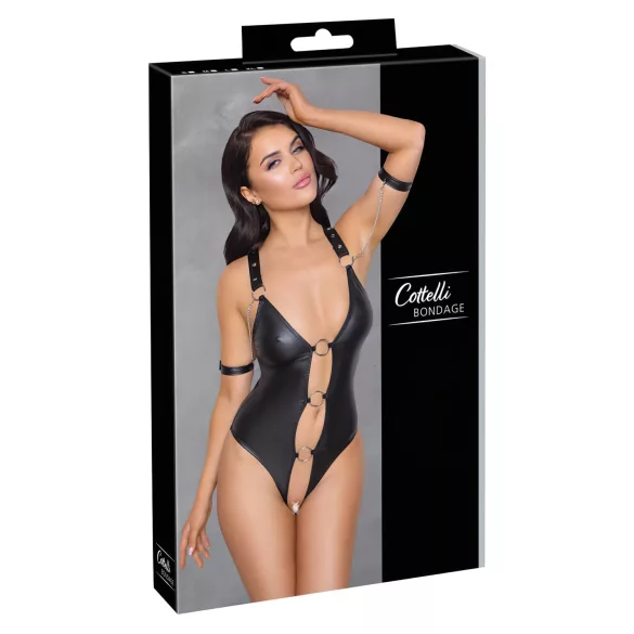 Cottelli Bondage - lesklé otevřené body s kroužky - černé - XL