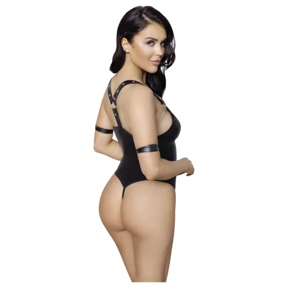 Cottelli Bondage - lesklé otevřené body s kroužky - černé - XL