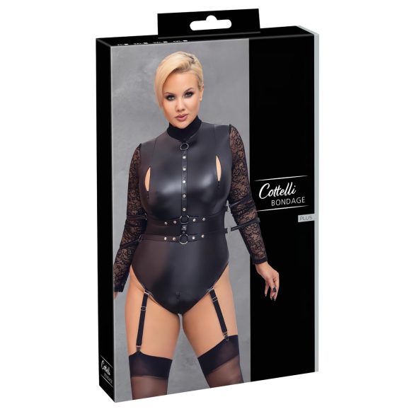 Cottelli Bondage Plus Size - krajkový body s rukávy (černý) - 3XL