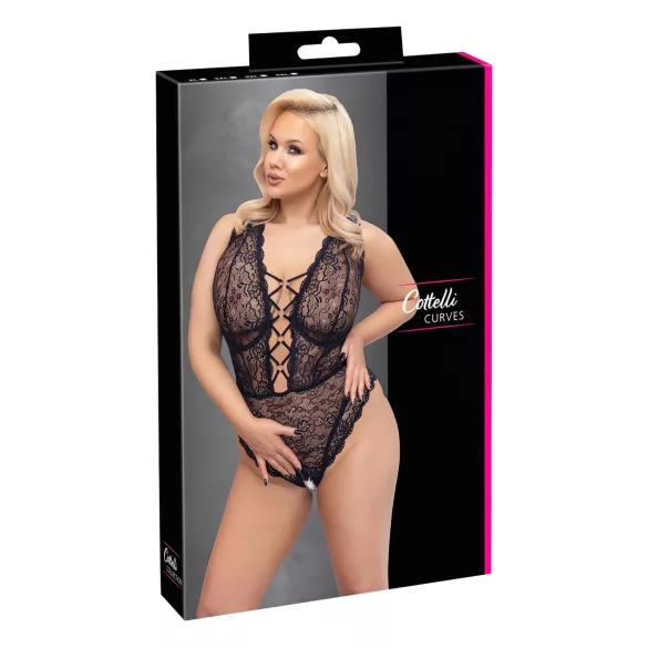 Cottelli Curves Plus Size - transparentní vzorované body - černé - 90D/XL
