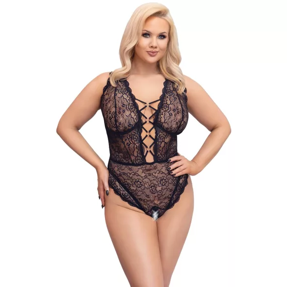 Cottelli Curves Plus Size - transparentní vzorované body - černé - 90D/XL