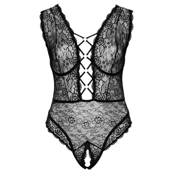 Cottelli Curves Plus Size - transparentní vzorované body - černé - 90D/XL