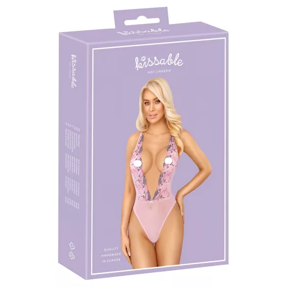 Kissable - erotické body s růžovou výšivkou - růžová