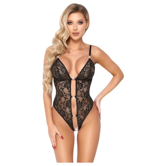 Abierta Fina - otevřený krajkový body s kamínky (černý) - M