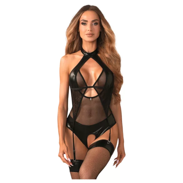 Obsessive Dominna - dámské body - průsvitné, lesklý efekt - černé