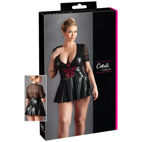 Cottelli Plus Size - lesklé šaty - červený korzet - černé - XXL