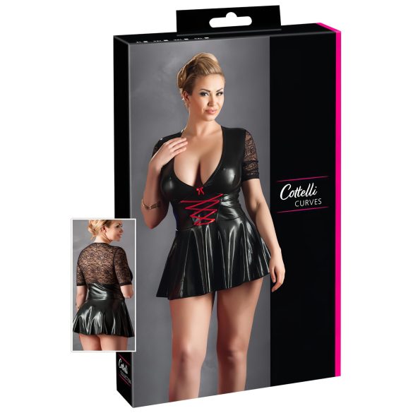 Cottelli Plus Size - lesklé šaty s červeným korzetem (černé) - XXXXL