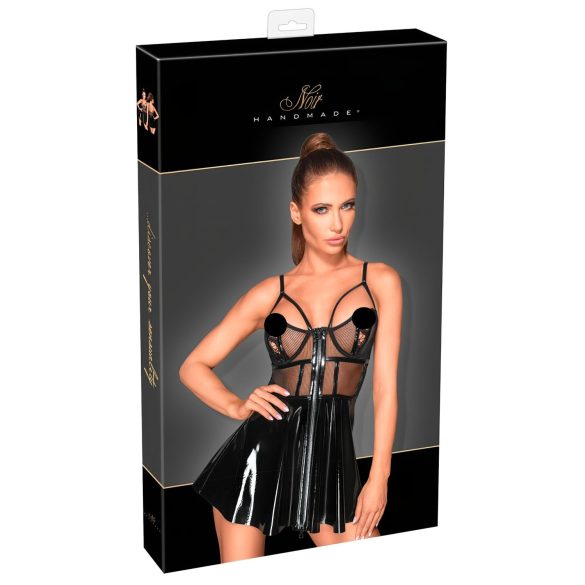 Noir - Šaty z lakované kůže s krajkovými vsadkami (černé) - XL