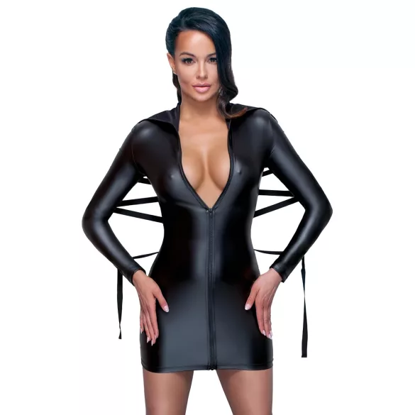 Cottelli Bondage - Lesklé šaty s pouty - černé