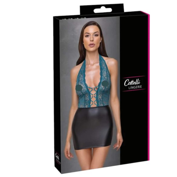 Cottelli - šaty s krajkou a šněrováním - lesklé - černozelené - XL