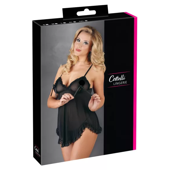 Cottelli - babydoll košilka - volná, s volánky - černá - XXL