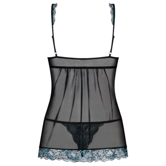 Obsessive - babydoll s výšivkou a tanga - černá/tyrkysová
