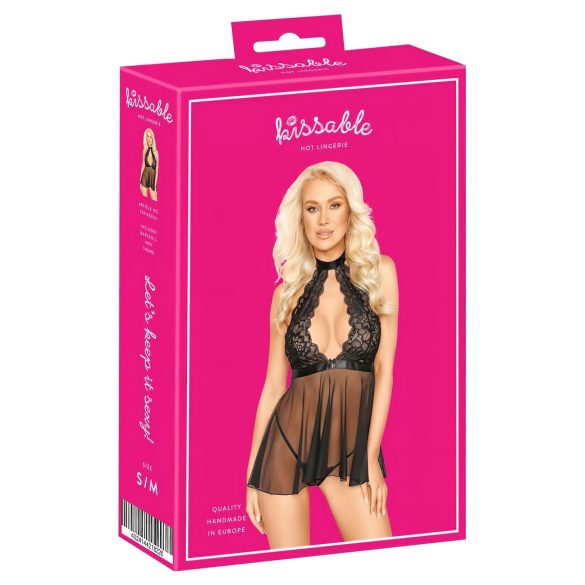 Polibek - krajkový babydoll s halterovým výstřihem (černý)