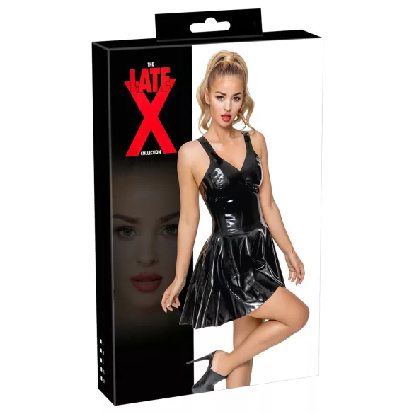 LATEX - mini šaty s volánovou sukní (černé) - XL