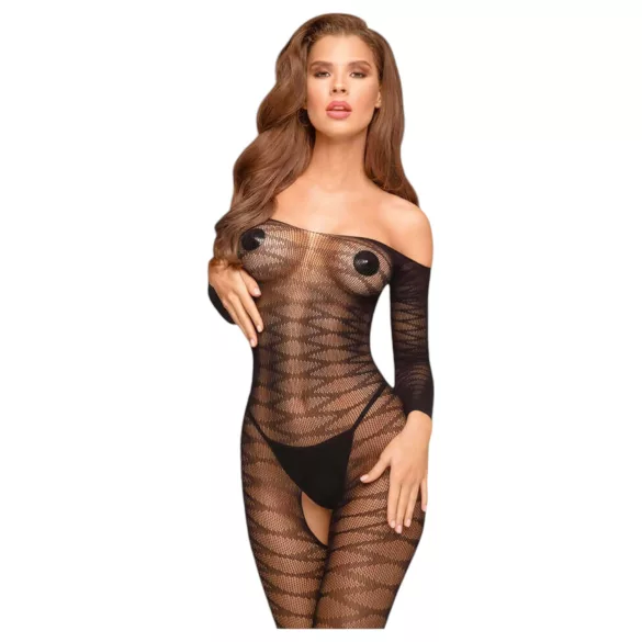 Penthouse Dreamy Diva - síťovaný catsuit s cikcak vzorem - černý