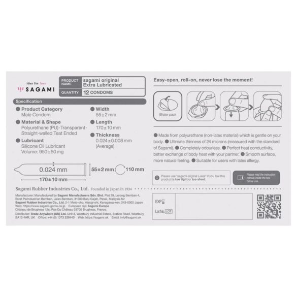 Sagami Original 0.02 - extra lubrikovaný kondom - 55mm - 12 ks