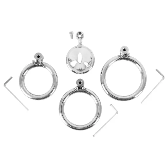 fetish collection - mini penisová klec se 3 vyměnitelnými kroužky na varlata (stříbrná)