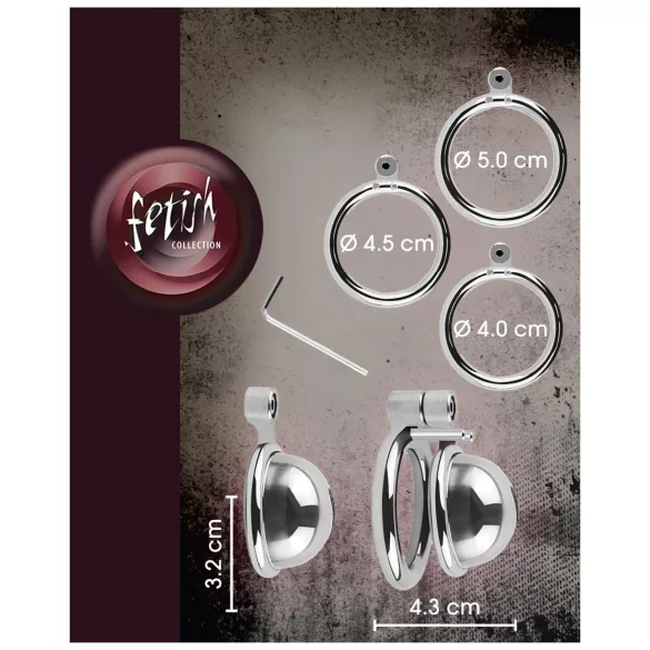 fetish collection - mini penisová klec se 3 vyměnitelnými kroužky na varlata (stříbrná)