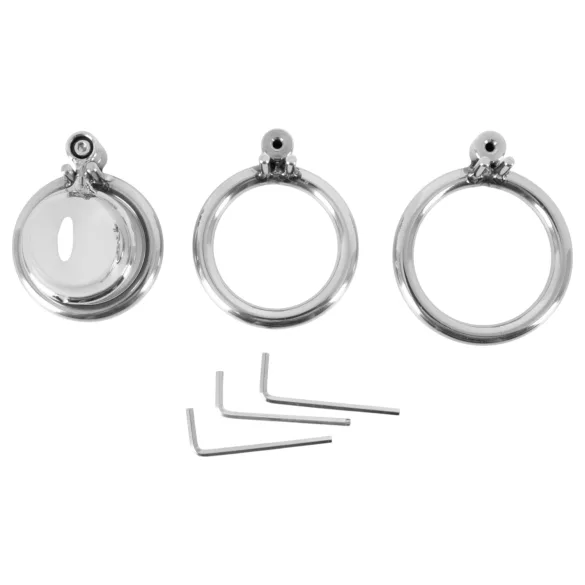 fetish collection - mini penisová klec se 3 vyměnitelnými kroužky na varlata (stříbrná)