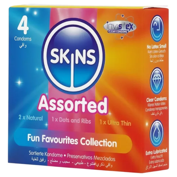 Skins - mix kondomů - vroubkované, natural, extra tenké (4 ks)