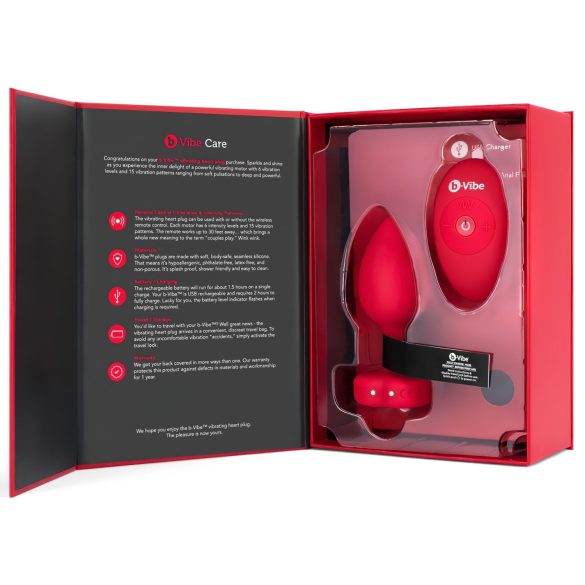 b-vibe heart - nabíjecí, rádiově řízený anální vibrátor (červený)