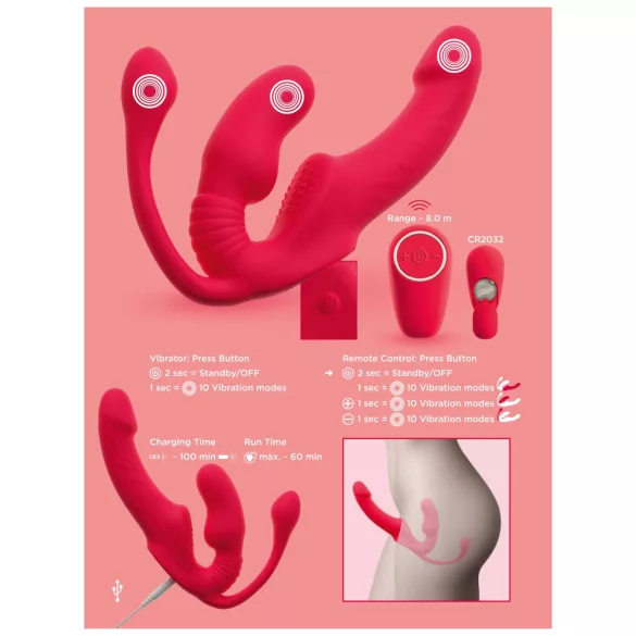 You2Toys Strapless - připínací 3ramenný vibrátor (růžový)
