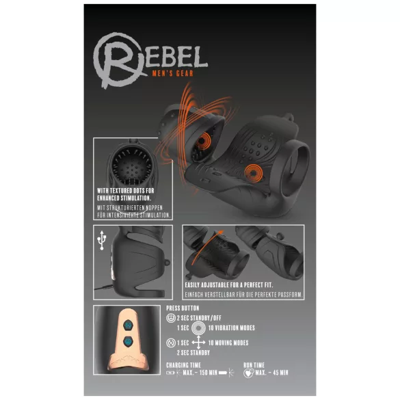 Rebel - vibrační stimulátor penisu pro muže s pohyblivým stimulátorem žaludu (černý)