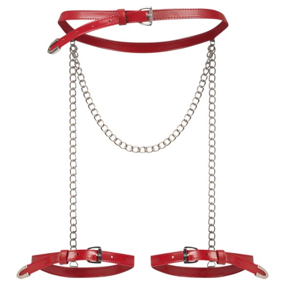 Obsessive - postroj na stehno s řetězem - kožený vzhled - červený