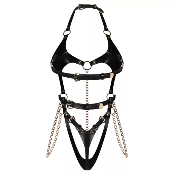 Obsessive Anyya - body s ramínky z imitace kůže s řetízky (černé)