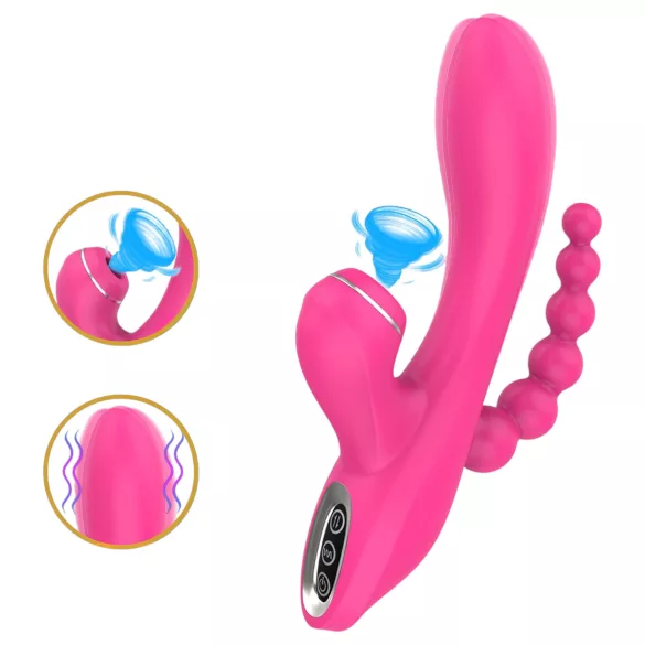 Erospace Sweet Play - vibrátor na bod G s anální sondou a sáním (růžový)