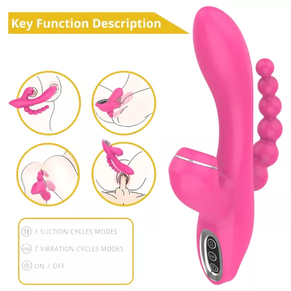 Erospace Sweet Play - vibrátor na bod G s anální sondou a sáním (růžový)