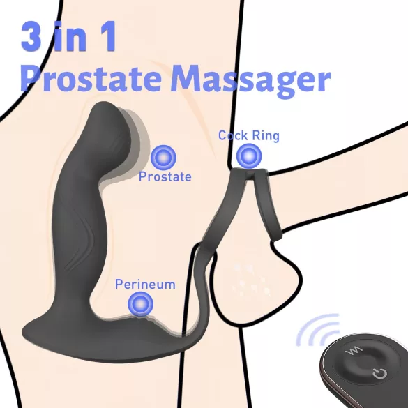 Sex HD Virgil - vibrátor na prostatu s kroužky na penis a varlata - černý