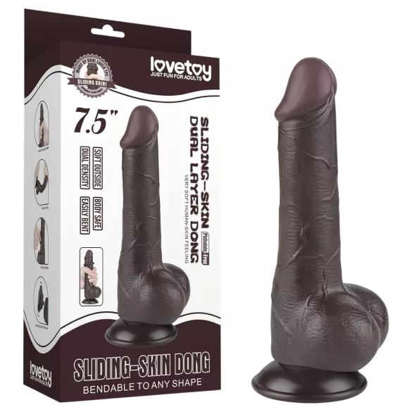 Lovetoy - realistický dildo s varlaty - dvouvrstvý, 19,5 cm, hnědý