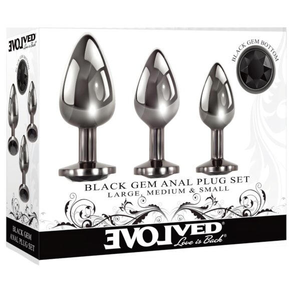 Evolved Black Gem - kovový anální kolík set s černým kamenem (stříbrný)