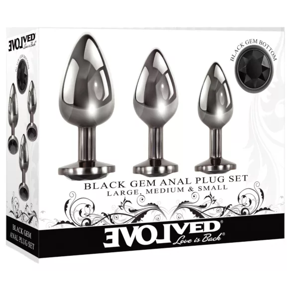 Evolved Black Gem - kovový anální kolík set - černý kámen - stříbrná