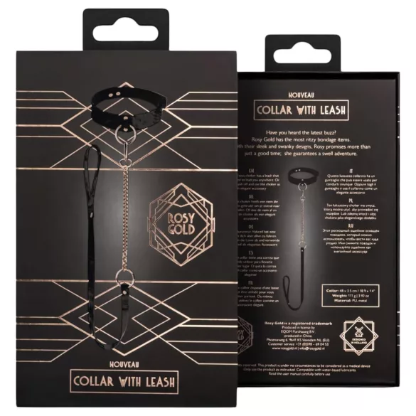 Rosy Gold - obojek a vodítko - černá/růžové zlato