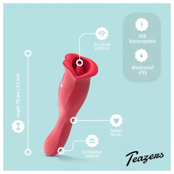 Teazers - oboustranný vibrátor s jazýčkovým stimulátorem klitorisu (červený)