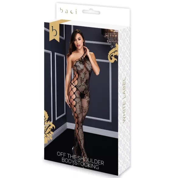 Baci - necc catsuit s jedním ramenem - květinový vzor - černá S-L