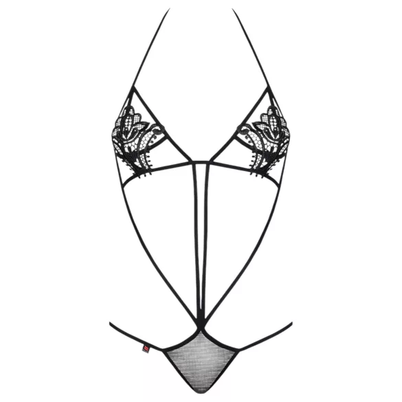 Obsessive - dámské body s pásky a tulipánovým vzorem - černé S/M