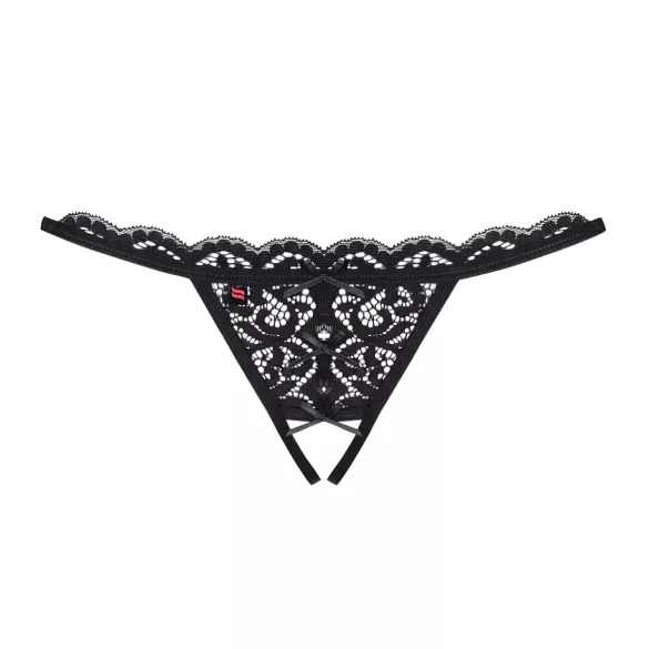 Obsessive - tanga s otevřeným rozkrokem - krajka, malá mašle, černá - L/XL