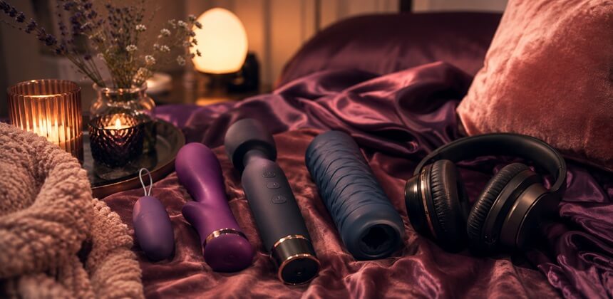 Tiché erotické pomůcky a sluchátka na fialovém saténu navozují intimní atmosféru ASMR sexu | Sexshop Česko Desirel.cz