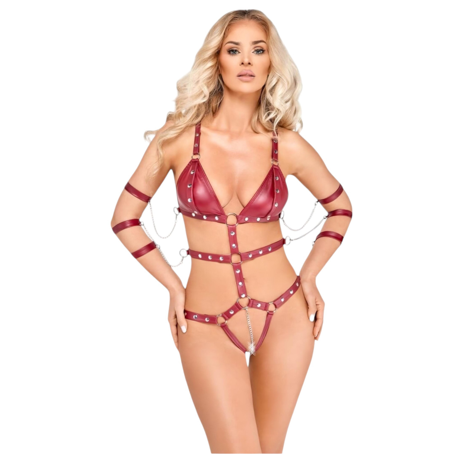 Bad Kitty - cvočkované bondage body (červené) - M